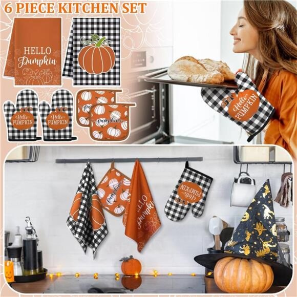 6 Pack Fall Thanksgiving Kitchen‎ Set with 2 Pcs Kitchen Pumpkin Dish Towel - Picture 2 of 6